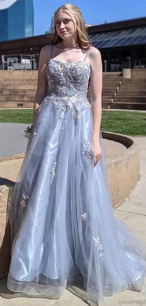 Pale Blue Spaghetti Straps Lace Top A-line Organza Long Prom Dress, PD3241