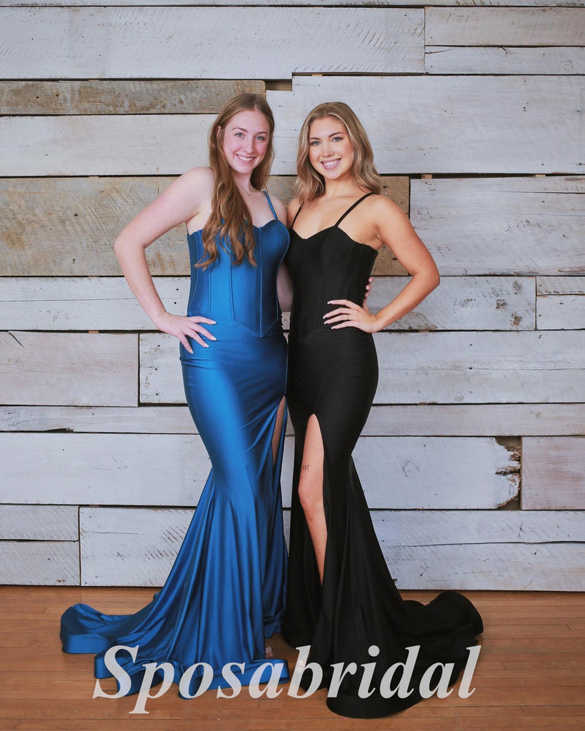 Sexy Mismatched Satin Spaghetti Straps V-Neck Sleeveless Side Slit Mermaid Long Prom Dresses,PD3699