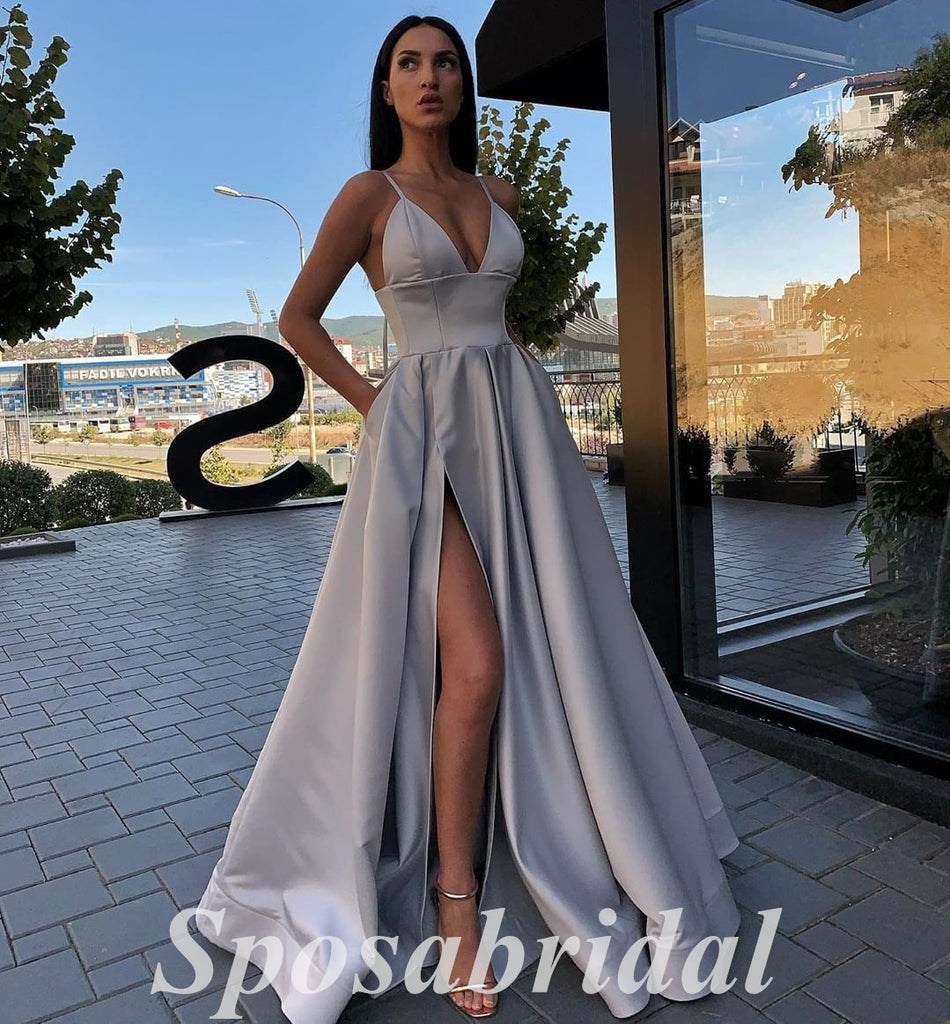 Sexy Satin Spaghetti Straps V-Neck Sleeveless Side Slit A-Line Long Prom Dresses,PD3688