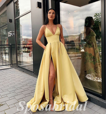 Sexy Satin Spaghetti Straps V-Neck Sleeveless Side Slit A-Line Long Prom Dresses,PD3689