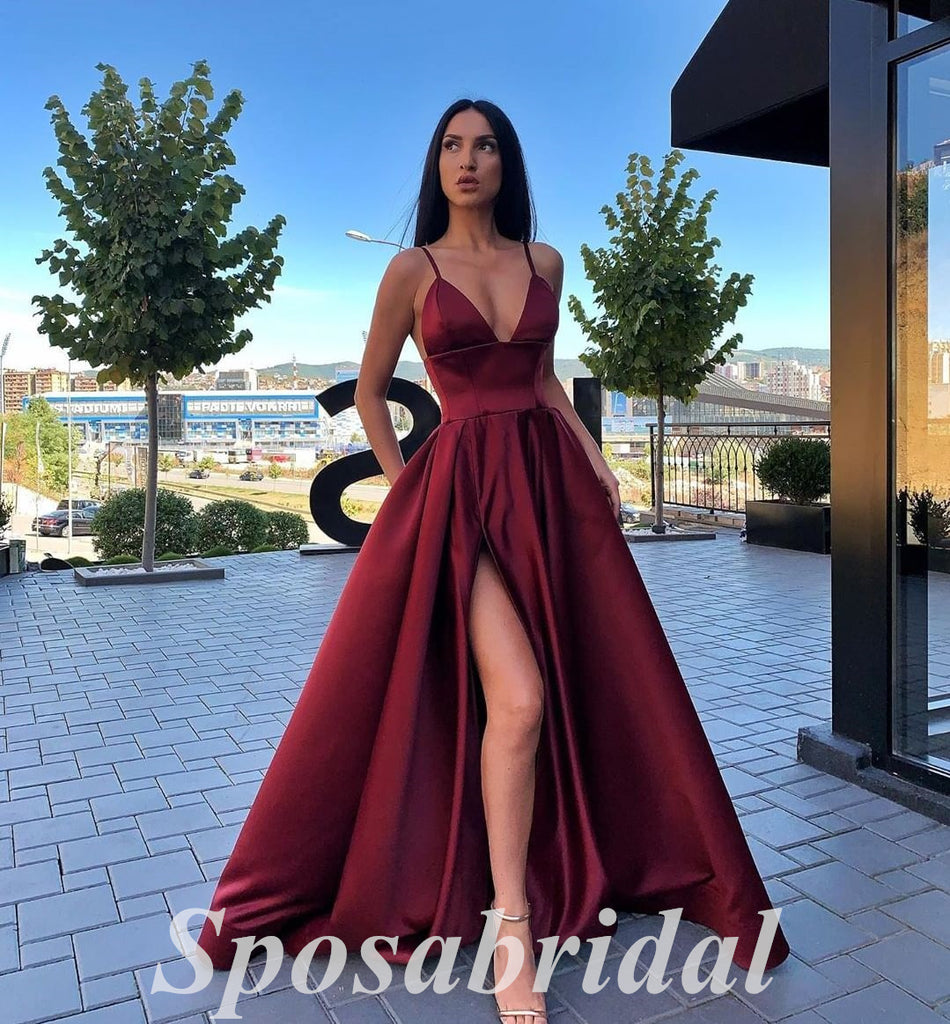 Sexy Satin Spaghetti Straps V-Neck Sleeveless Side Slit A-Line Long Prom Dresses,PD3690