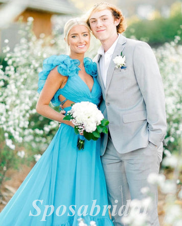 Sexy Chiffon Spaghetti Straps V-Neck Lace Up Back A-Line Long Prom Dresses,PD3702