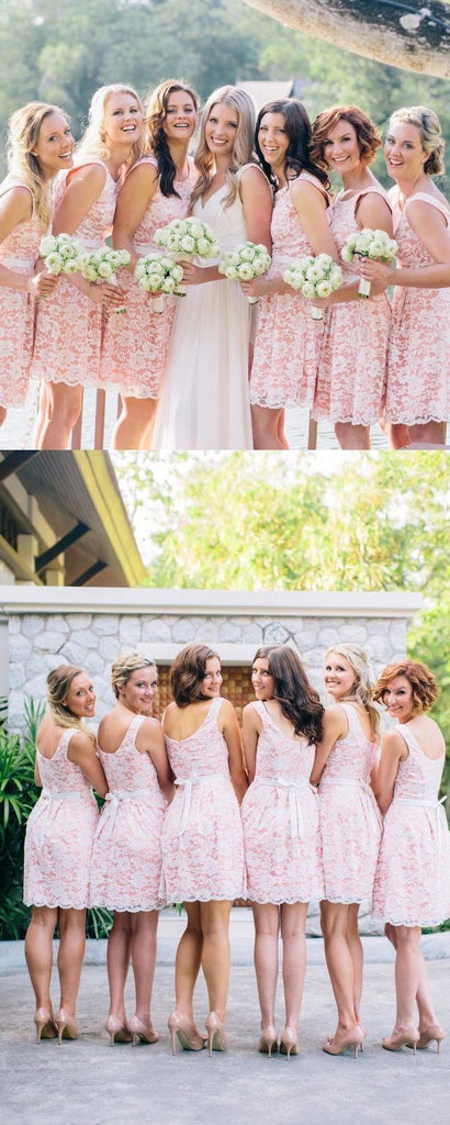 Pink Full Lace Short Sleeveless Bridesmaid Dresses, Cheap Popular Wedding Guest Dresses , WG293