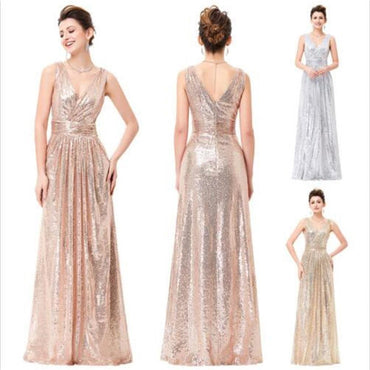 Long V-Neck Sequin Sparkly A-Line Red Black  Silver Bridesmaid Dresses , PD0299