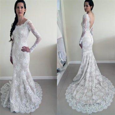 Long Sleeves Lace V-Back Elegant New Design Mermaid With Train Wedding Dresses,  WD0231