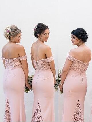 Junior Pretty Blush Pink Lace Off Shoulder Sweet Heart Mermaid Floor-Length Bridesmaid Dresses, WG55