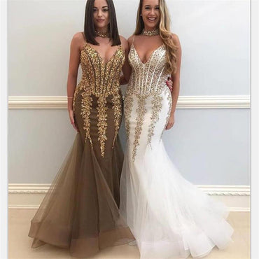 White Red Teal Gold V-neck Spaghetti Straps Sexy Elegant Prom Dresses, PD0481