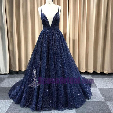 Spaghetti Straps Free Custom Made Sexy Glitter Deep-V Neck Prom Dresses, Elegant A Line Backless Cheap Long  Prom Dress, PD0741
