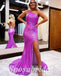 Sexy Sequin One Shoulder Sleeveless Side Slit Mermaid Long Prom Dresses, PD3618