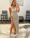 Sexy Sequin One Shoulder Sleeveless Side Slit Mermaid Long Prom Dresses, PD3617