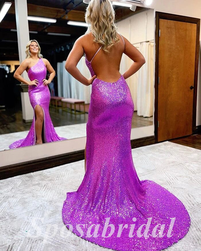 Sexy Sequin One Shoulder Sleeveless Side Slit Mermaid Long Prom Dresses, PD3618