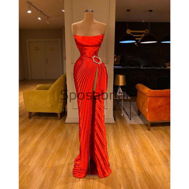 Red Cheap Side Slit Satin Simple Modest Prom Dresses PD2082