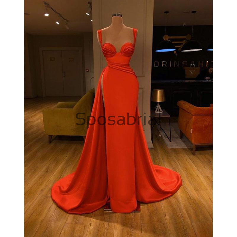 Red Mermaid Tight Cheap Slit Satin Simple Modest Prom Dresses PD2083