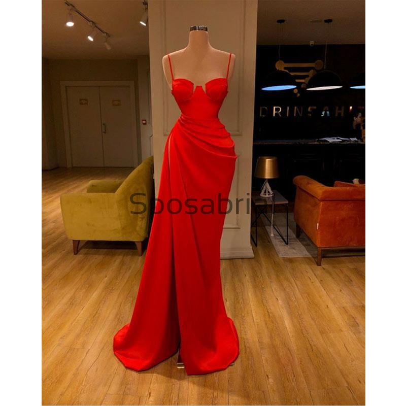 Red Spaghetti Straps Slit Satin Cheap Simple Modest Prom Dresses PD2088