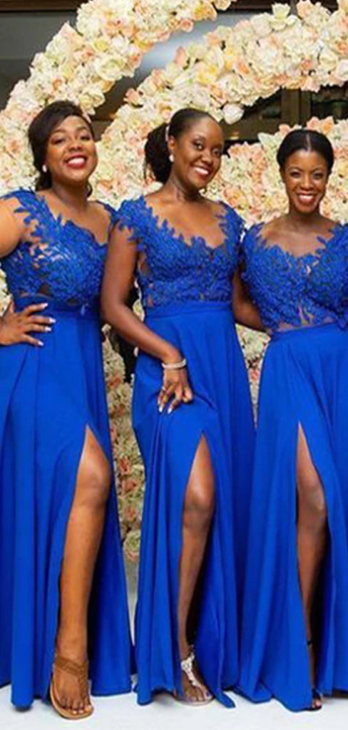 Royal Blue Top Lace Chiffon Side Slit Formal Popular Bridesmaid Dresses, WG524