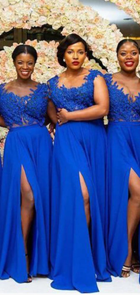 Royal Blue Top Lace Chiffon Side Slit Formal Popular Bridesmaid Dresses, WG524