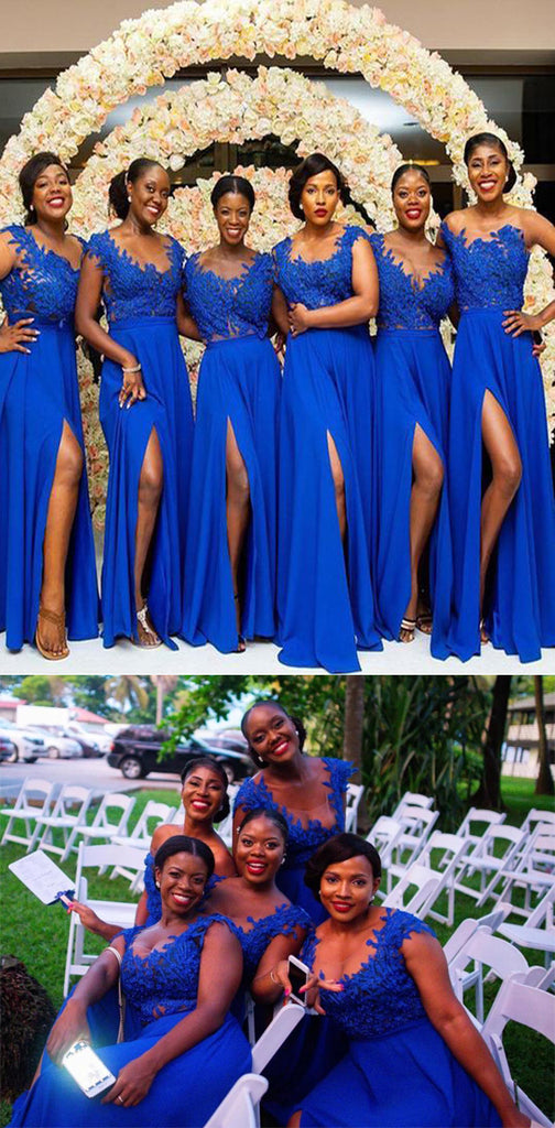 Royal Blue Top Lace Chiffon Side Slit Formal Popular Bridesmaid Dresses, WG524