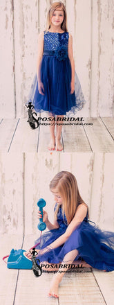 Royal Blue Top Sequin Sparkly Simple Round Neck Cheap Custom Flower Girl Dresses, FG121