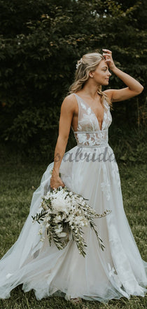 See Through Lace Ivory Tulle V-neck V-back Beach Wedding Dresses WD367