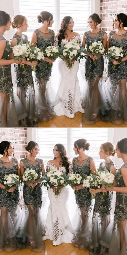 See Through Long Lace Applique Cheap Uniuque Formal Bridesmaid Dresses,WG373