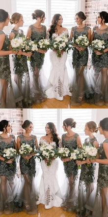 See Through Long Lace Applique Cheap Uniuque Formal Bridesmaid Dresses,WG373