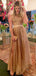 Sexy Gold Sequin Sweetheart Sparkly Side-slit A-line Long Prom Dresses, PD2235