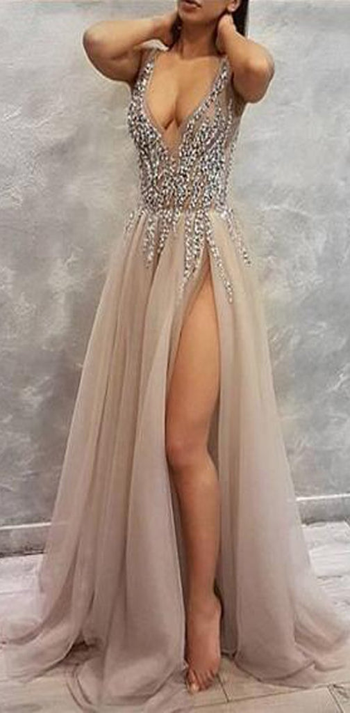 Sequin Sparkly V-Neck A-Line Tulle Side Slit Modest  Elegant Prom Dresses,PD1206