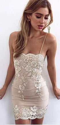 Sexy Blush Pink Spaghetti Strap Tight Mermaid Lace Short Homecoming Dress, BD0228