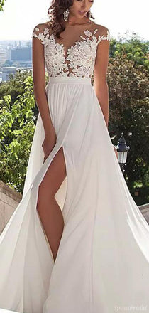 Sexy Boho Lace Top Side-slit Cheap A-line Long Beach Wedding Dress, PD0046