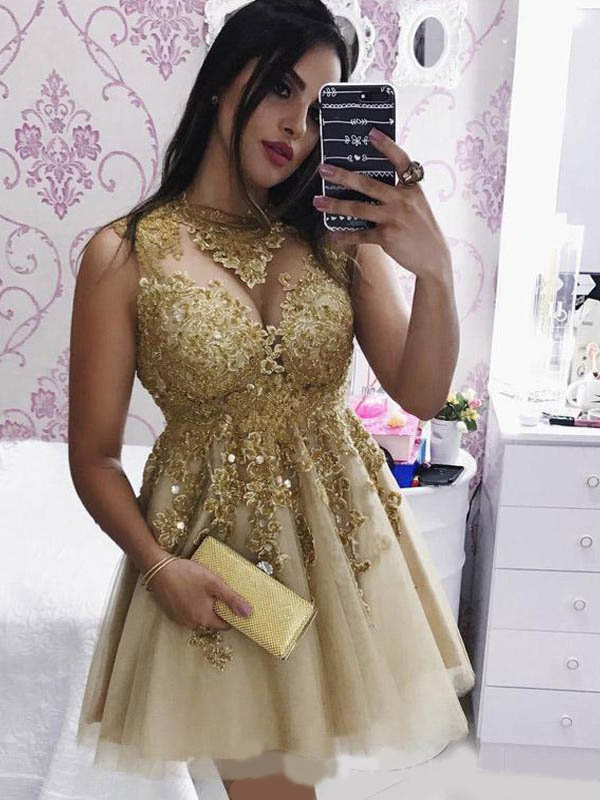 Sexy Gold Lace Sparkly Tulle A-line Short Homecoming Dresses, BD0404