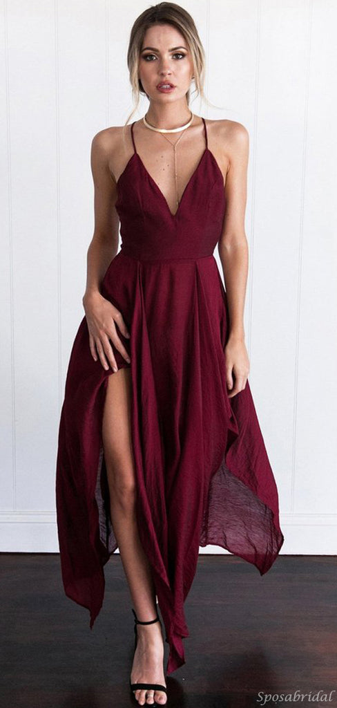 Sexy Spaghetti Strap Burgundy High-low Side-slit A-line Cheap Homecoming Dress, CM512