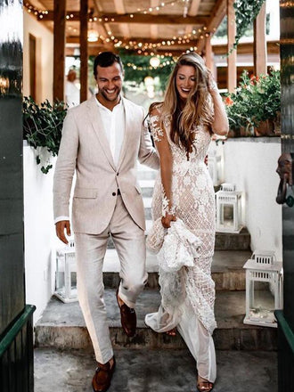 Sexy Unique Open Back Beaded Mermaid Lace Beach Vintage Wedding Dresses, WD0529