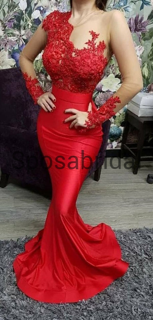 Sexy Elegant Mermaid Long Sleeves Red Unique Long Modest Prom Dresses PD1925