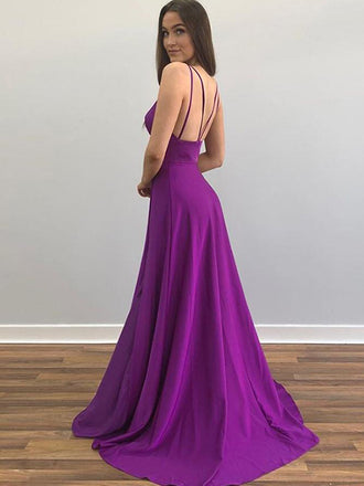 Sexy Purple Spaghetti Straps V-neck Side-slit A-line Long Prom Dress, PD3303