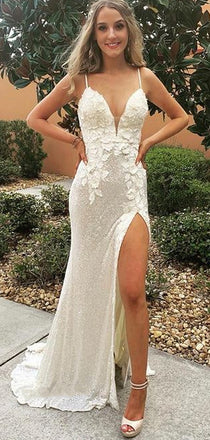 Sexy Spaghetti Strap Side Slit Lace Sequins Wedding Dress, WD3003