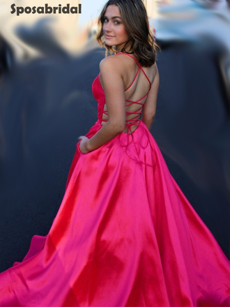 Sexy Hot Pink V-neck Halter Criss Cross A-line Long Prom Dress, PD3032