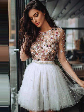 Unique Multi-color Black, White and Pink Long Sleeves A-line Short Homecoming Dresses, BD0446