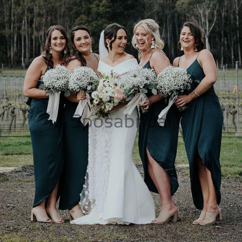 Short Spaghetti Straps Green Unique Modest Bridesmaid Dresses WG706