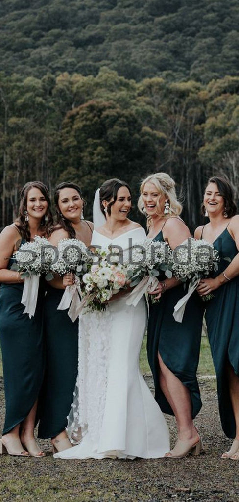 Short Spaghetti Straps Green Unique Modest Bridesmaid Dresses WG706