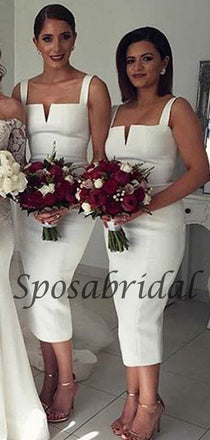 Simple Cheap Unique White Off Shoulder Straight V Neck Sexy Tea Length Bridesmaid Dresses, WG126