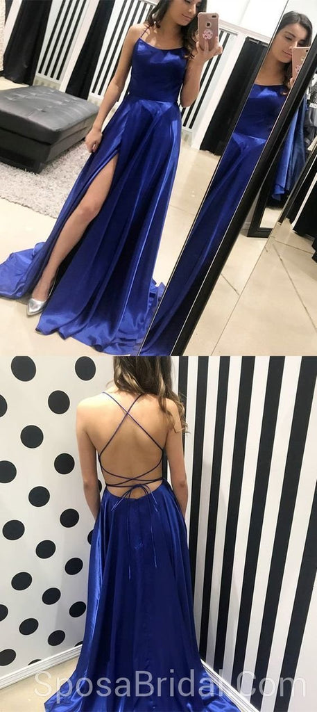 Simple Cheap Modest Popular Hot  Sale A-line Spaghetti Side Slit Royal Blue Long Prom Dresses,PD1182