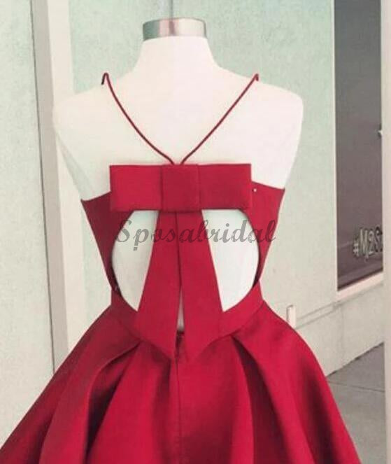 Simple Spaghetti Red Satin Short Prom Dresses, Homecoming Dresses, V-neck Prom Dresses, BD0400