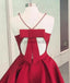 Simple Spaghetti Red Satin Short Prom Dresses, Homecoming Dresses, V-neck Prom Dresses, BD0400