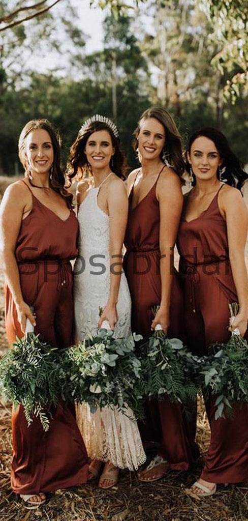 Simple Spaghetti Straps Cheap Burnt Orange Bridesmaid Dresses WG668