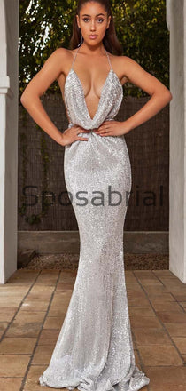 Sliver Sequin Sexy V-Neck Halter Backless Sleeveless Mermaid Prom Dress PD2091