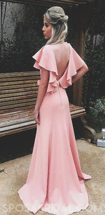 Soft Gorgeous Sheath V-Neck Ruffled Sleeves Split  Pink  Long Prom Dresses, Evenign Dress, PD1119