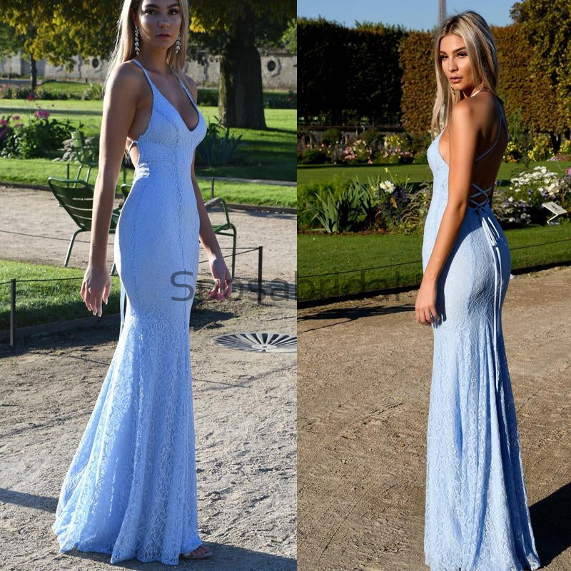 Spaghetti Straps Blue Lace Mermaid Elegant Formal Prom Dresses PD2239