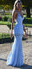 Spaghetti Straps Blue Lace Mermaid Elegant Formal Prom Dresses PD2239