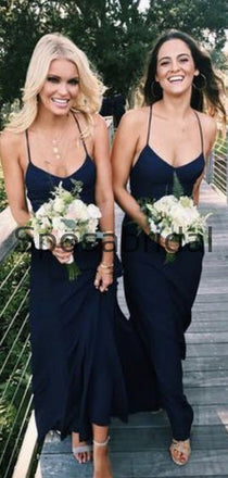 Spaghetti Straps Navy Blue Long Simple Bridesmaid Dresses WG826
