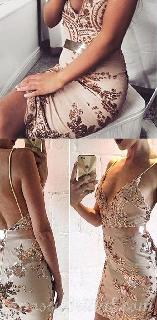 Spaghetti Straps Backless V Neck Mermaid Homecoming Dresses, Short Sequin Prom Dress,BD0416